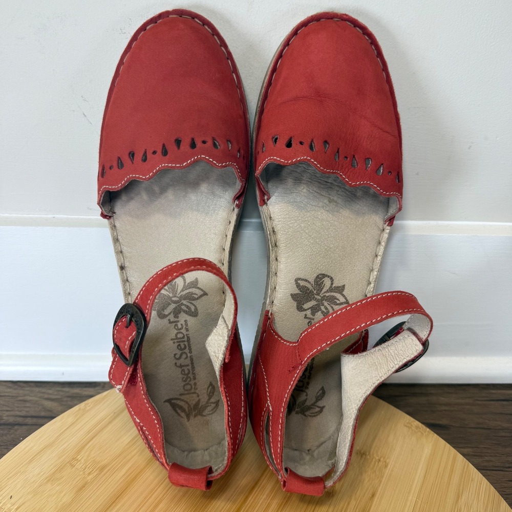 Good Josef Seibel Rosalie 13 Red Leather Flats Womens 41 Good Laser Cut Buckle - Picture 6 of 8